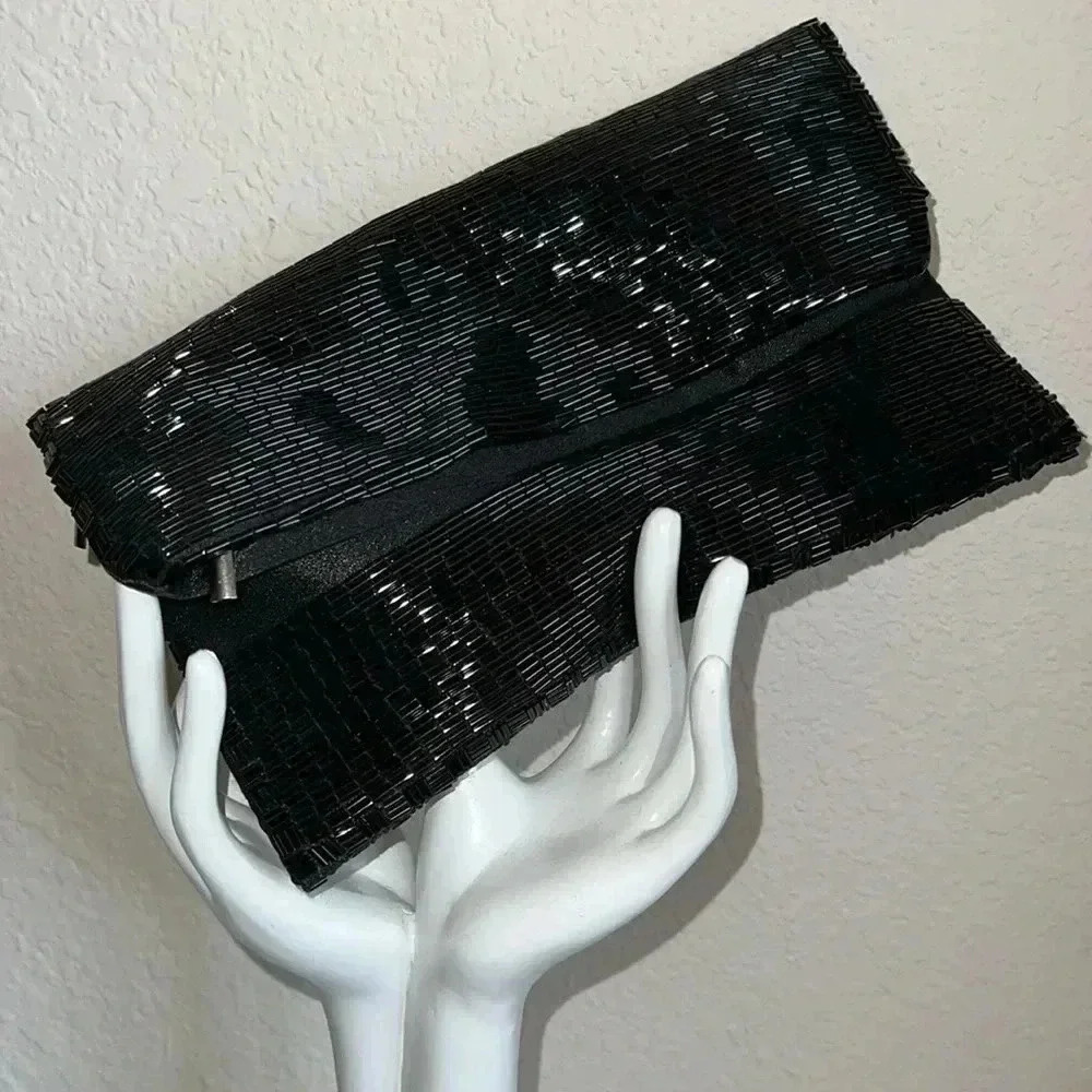 Sondra Roberts Black Bugle Beaded Fold-Over Clutch Evening Bag NWOT